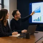 A business owner and strategist reviewing website growth and lead performance